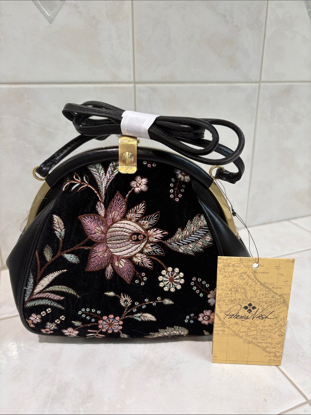 Patricia Nash Portafina Black Floral Velvet & Leather Crossbody Bag/Gold Accent
